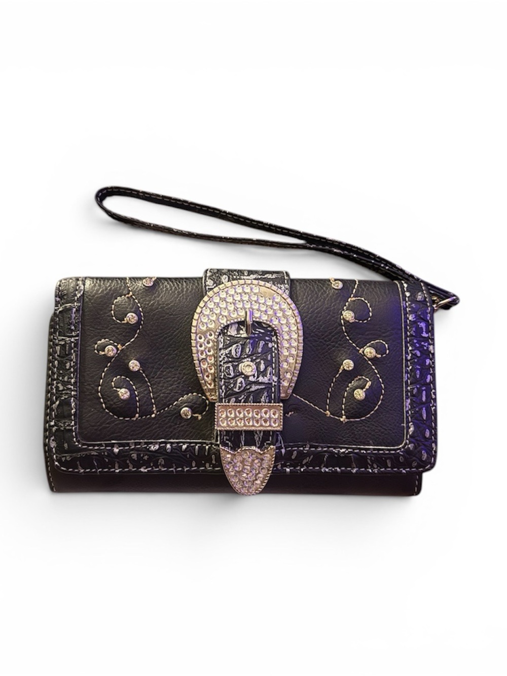 Embellished Black Wristlet Clutch with Rhinestone Buckle - Picture 1 of 3